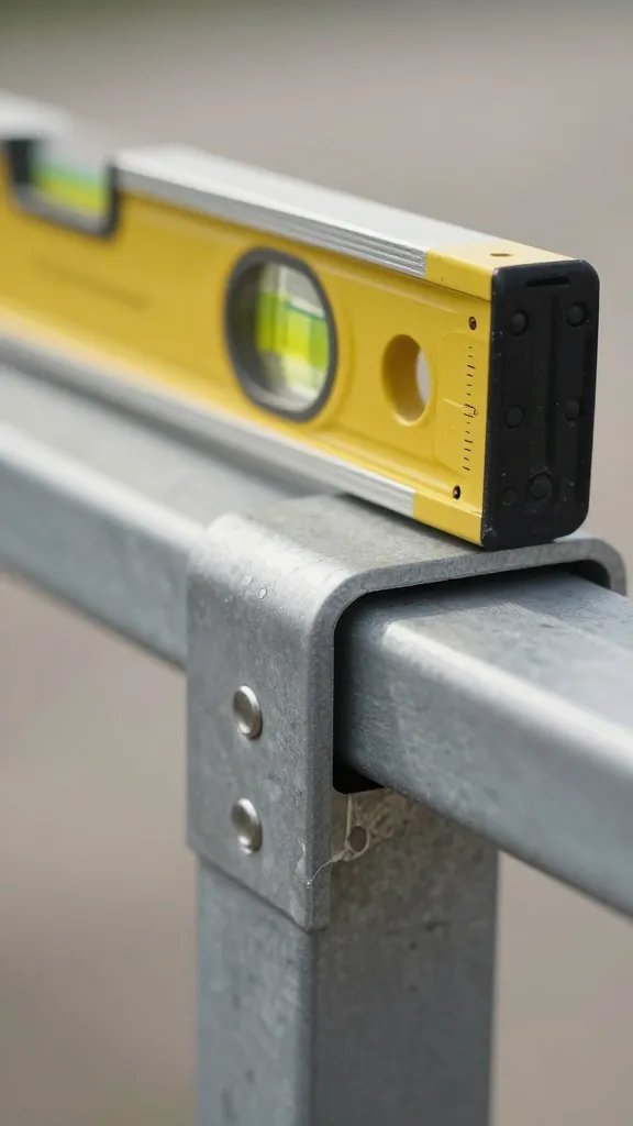 Closeup of flat-top metal railing bracket with spirit level