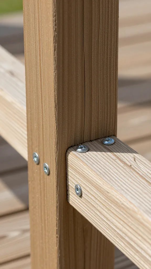 Timber deck rail with lag screw fixing, macro detail