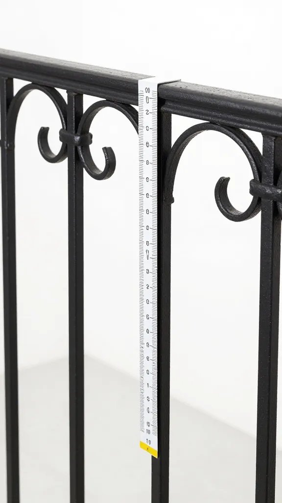 Baluster spacing gauge against wrought iron railing