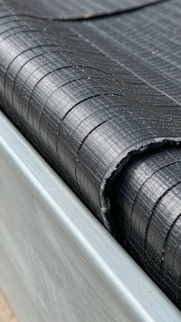 Geotextile liner tucked inside metal planter lip