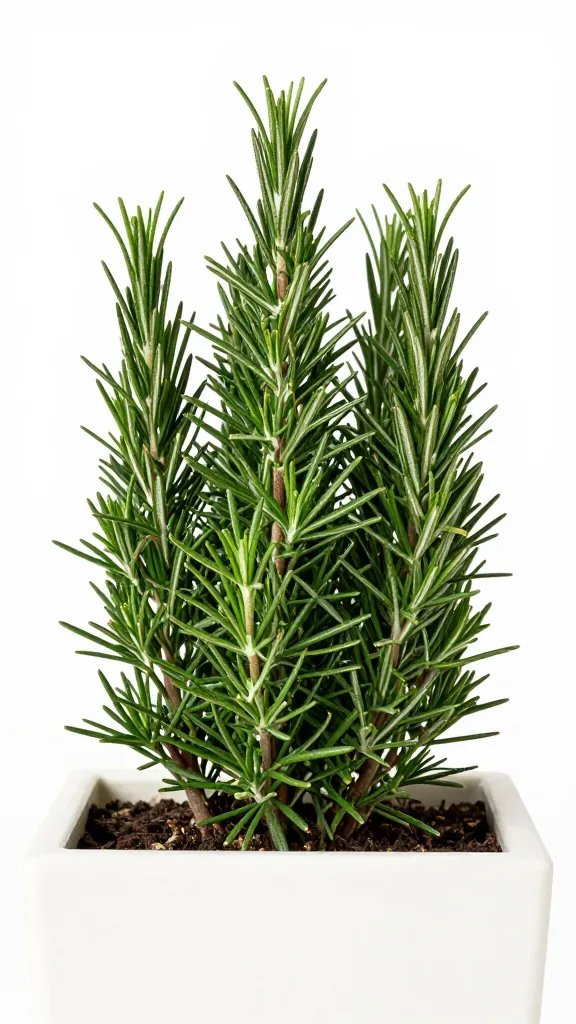Compact rosemary plant in wind, low-profile planter edge