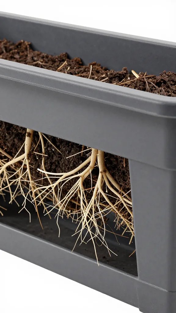 compact rectangular railing planter with shallow roots, closeup