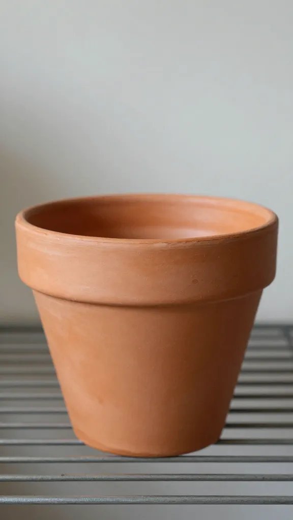 single lightweight terracotta pot on metal grate, closeup