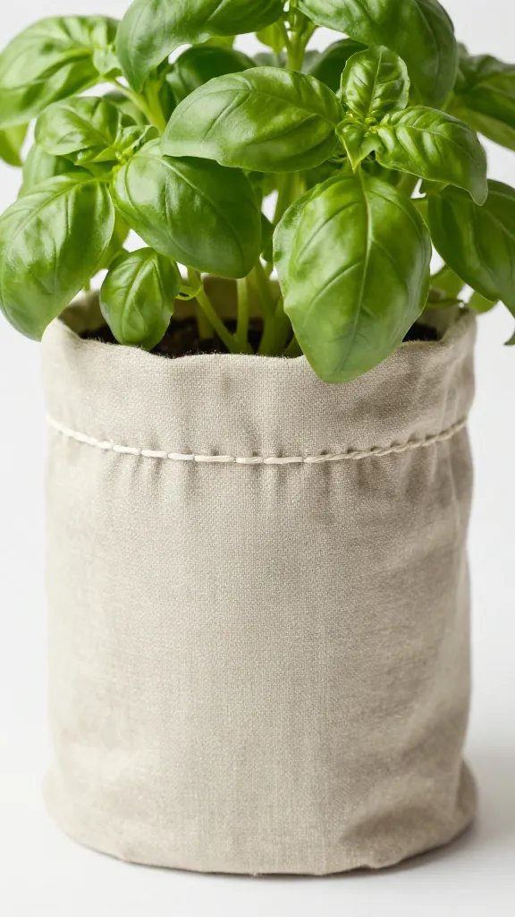 slim fabric grow bag with basil, closeup