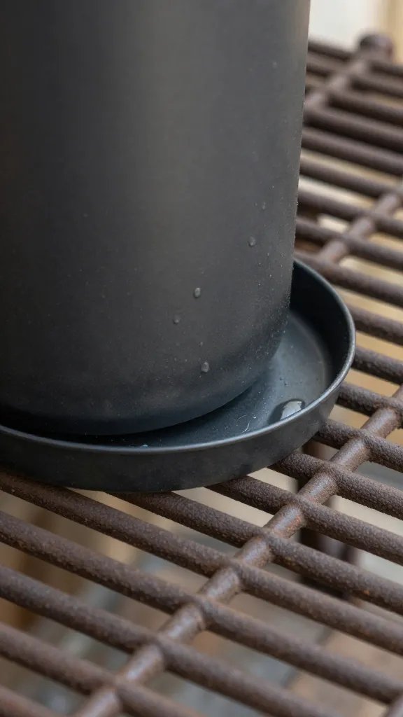 small drip tray under pot on fire escape grate, closeup