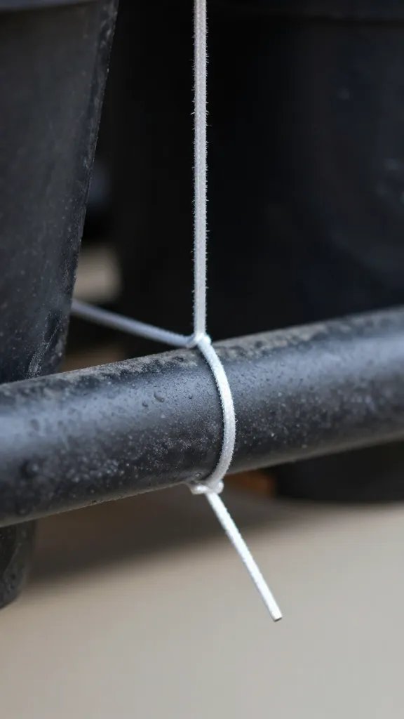 zip tie securing planter to rail, macro shot