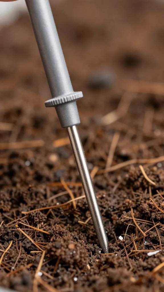 moisture meter probe in potting mix, closeup