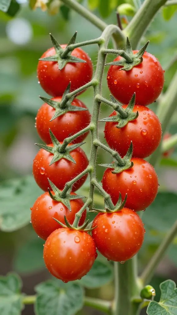 dwarf cherry tomato cluster on compact vine, closeup