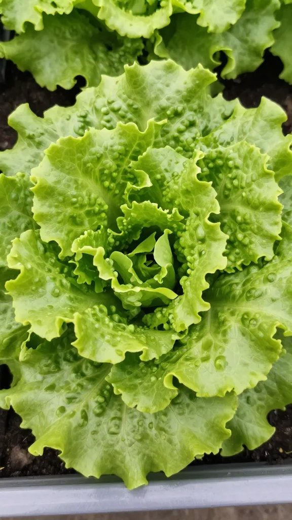 shallow-rooted leaf lettuce rosette in planter, closeup