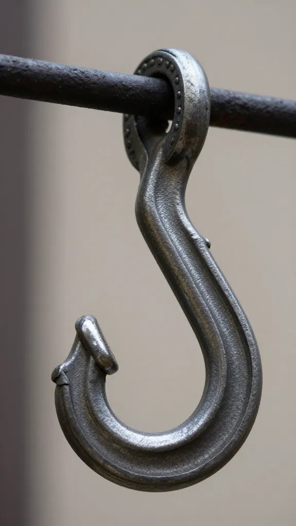 sturdy S-hook on fire escape rail, macro detail