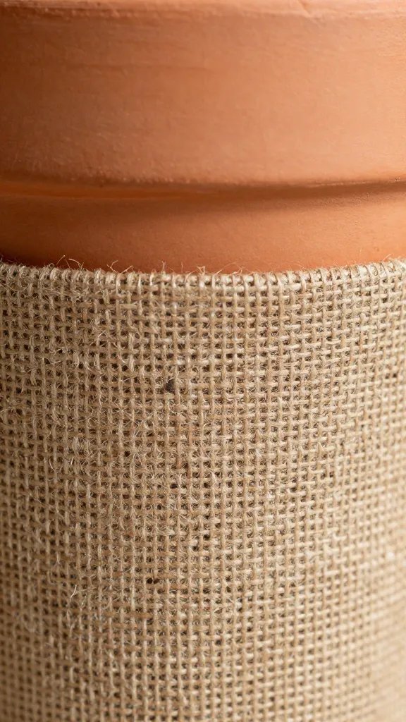 terracotta pot wrapped in damp burlap, macro detail