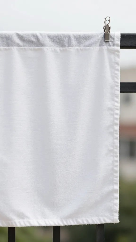 white shade cloth clipped to balcony railing, texture closeup