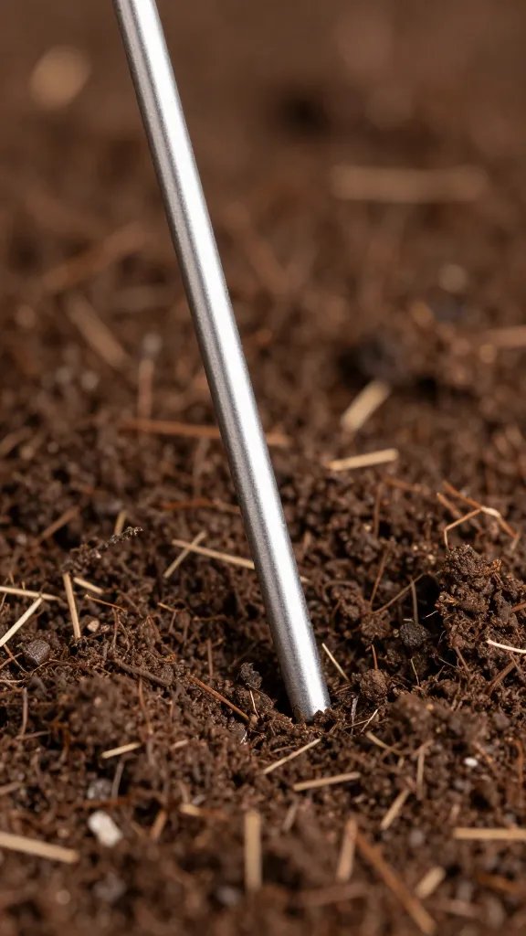 moisture meter probe in potting soil, tight shot