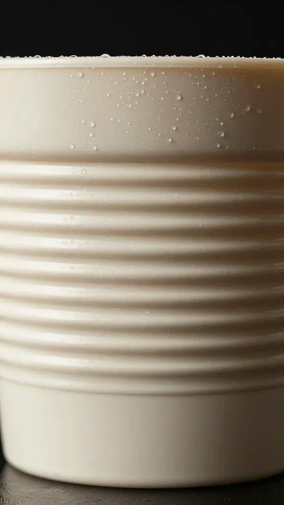 light-colored plastic pot beading with morning condensation