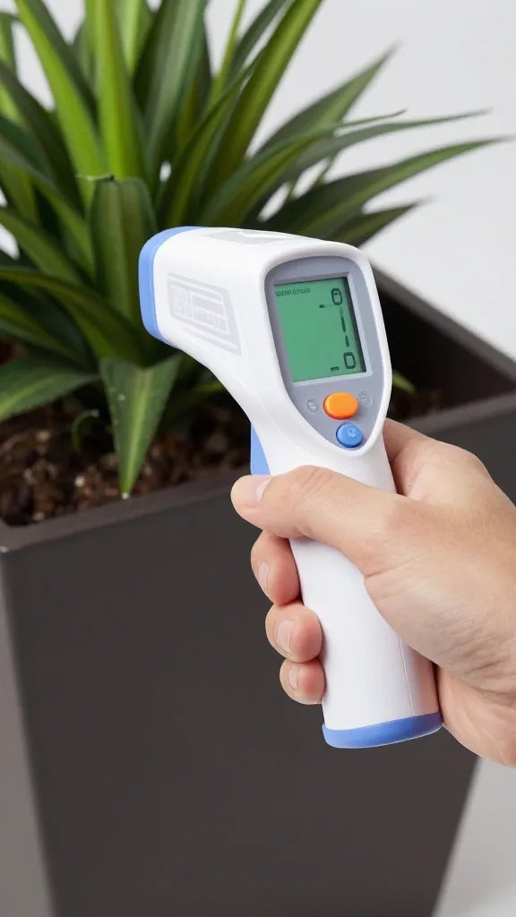 infrared thermometer pointed at dark planter, screen display