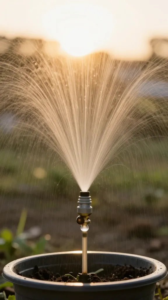 drip emitter watering a single container at dawn light