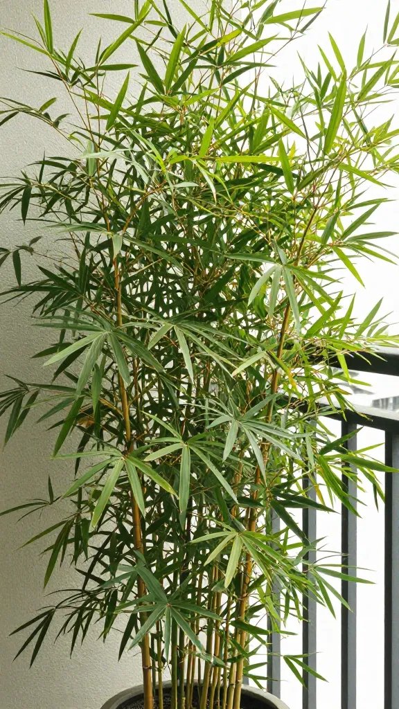closeup of potted clumping bamboo on balcony railing