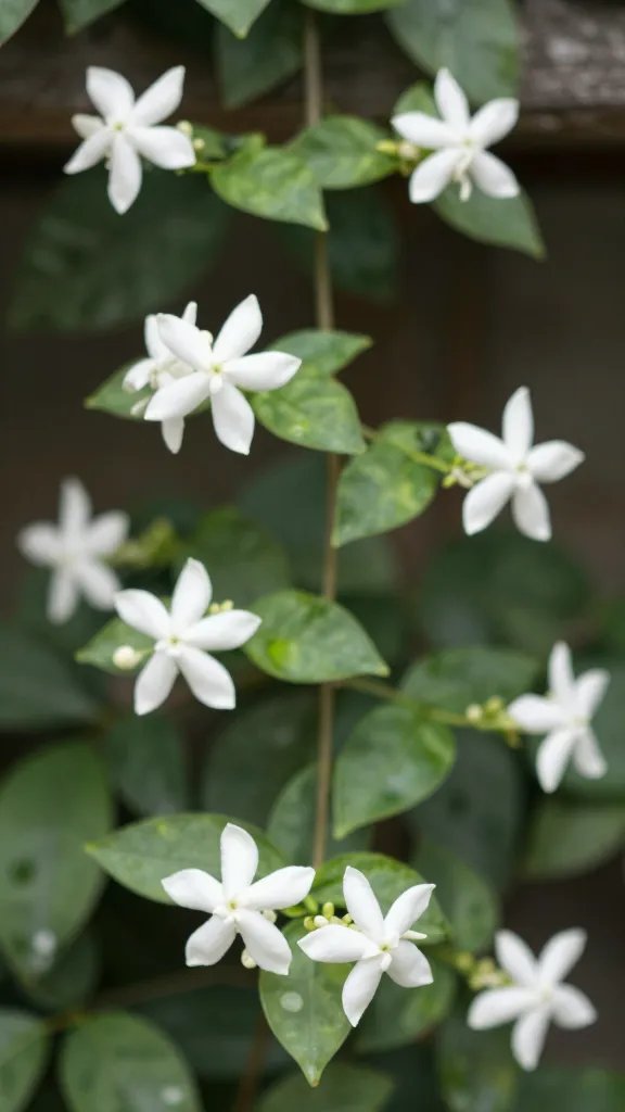 closeup of star jasmine vine on slim trellis