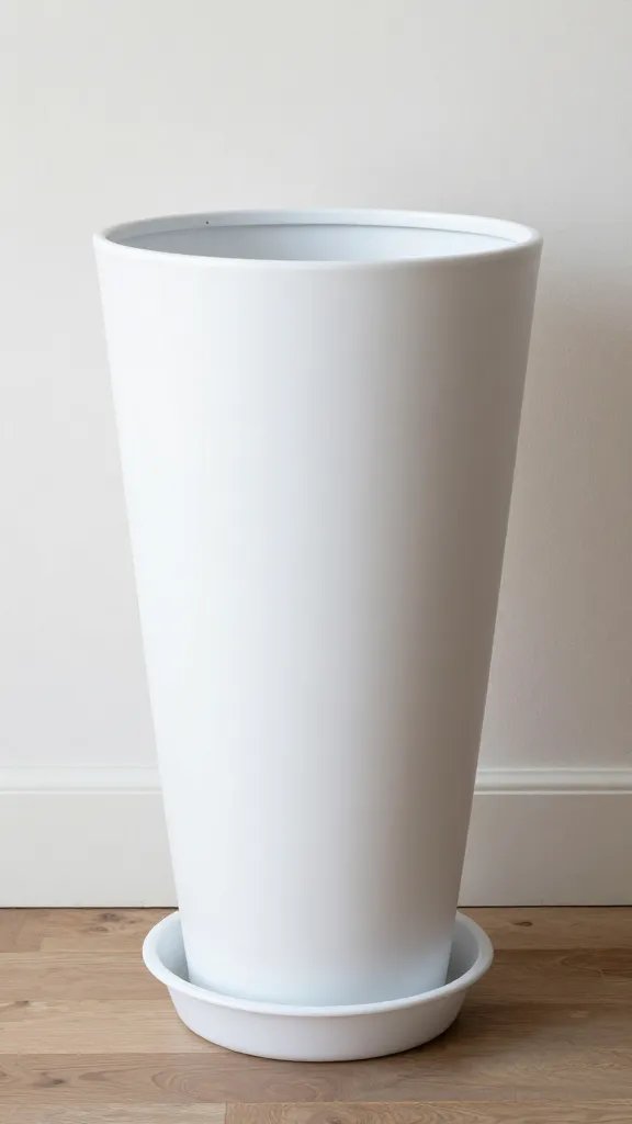 single fiberglass tall planter with drainage saucer