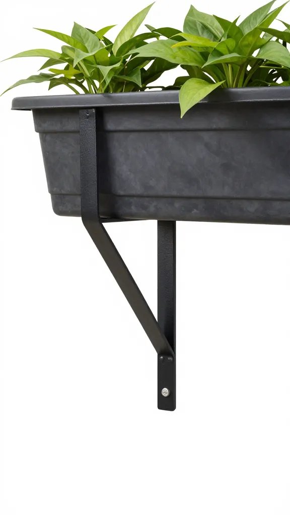 single balcony railing bracket supporting planter, side view