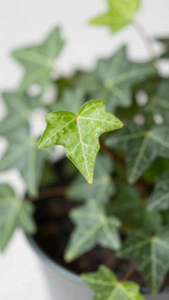 closeup of potted fast-growing ivy tip with new leaves