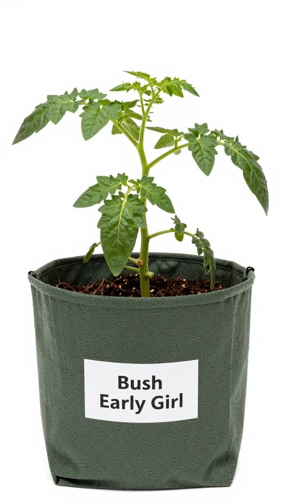 ‘Bush Early Girl’ tomato plant in 5-gallon fabric pot