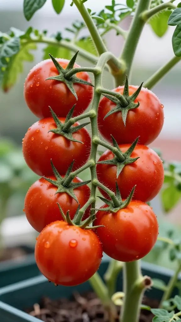Closeup of ‘Roma’ tomato cluster on compact balcony plant
