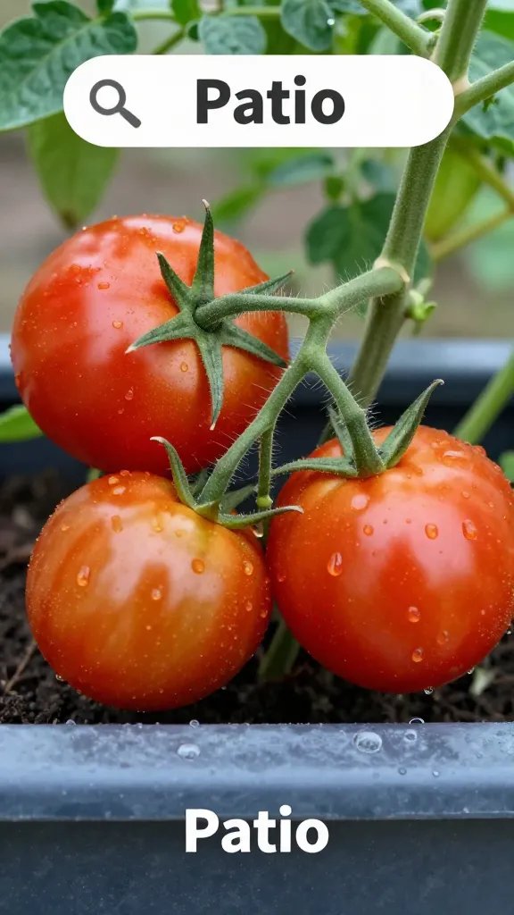 ‘Patio’ tomato in self-watering container, ripe fruit detail