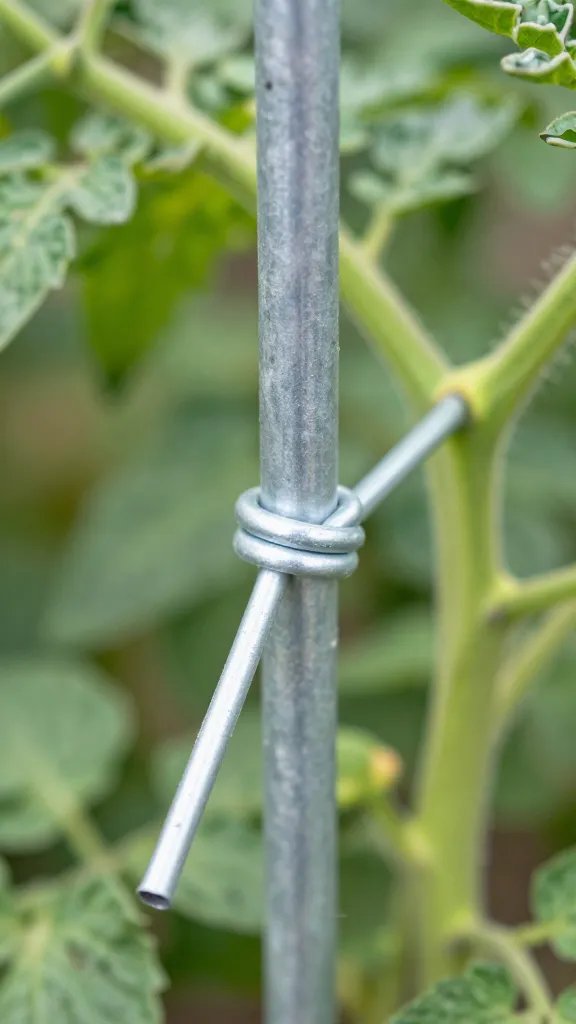 Single tomato plant tied to galvanized conduit stake, closeup knot