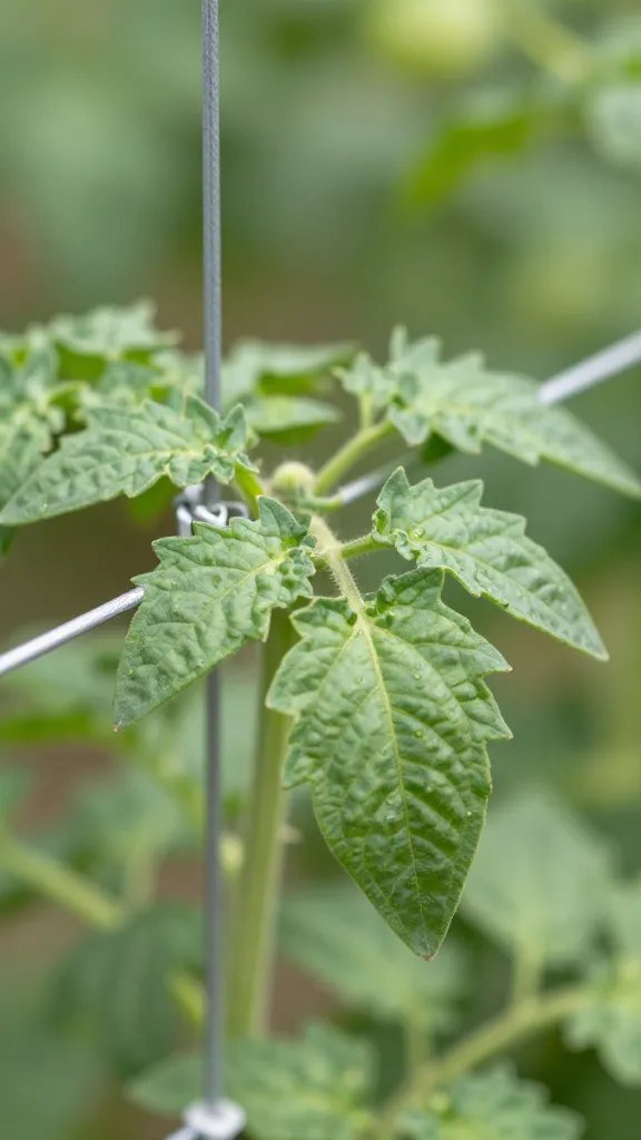 Tomato plant clipped to nylon trellis line, professional macro shot
