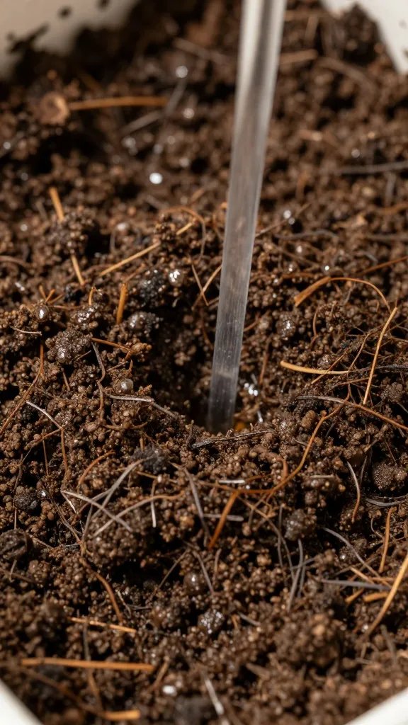 Moist potting mix with finger-depth watering check, closeup