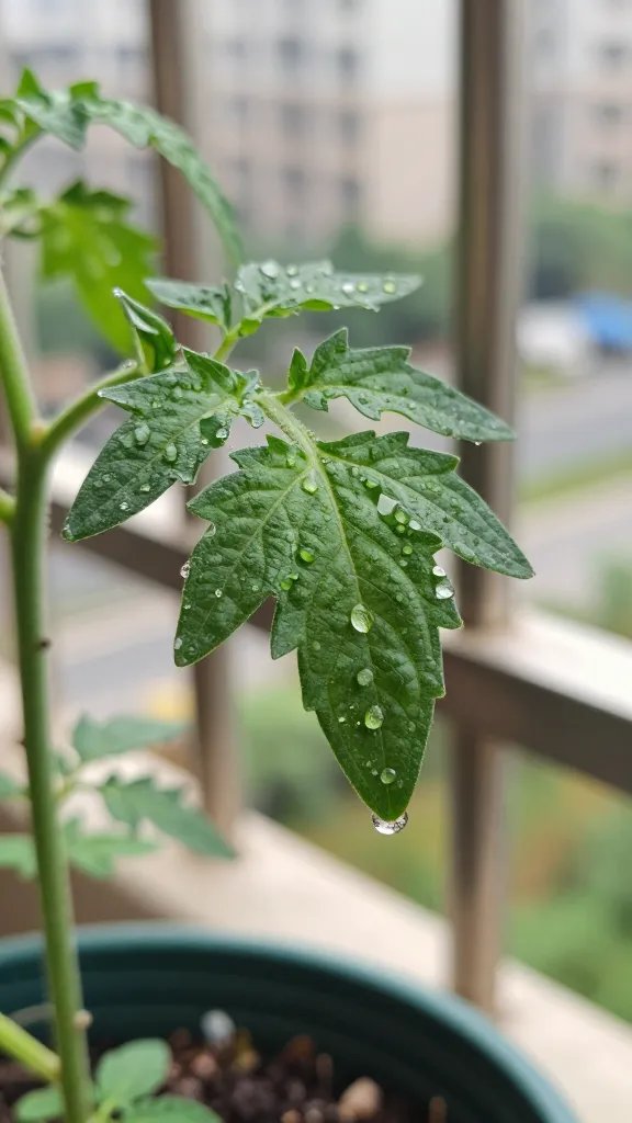 Drip emitter watering a balcony tomato, droplet on leaf