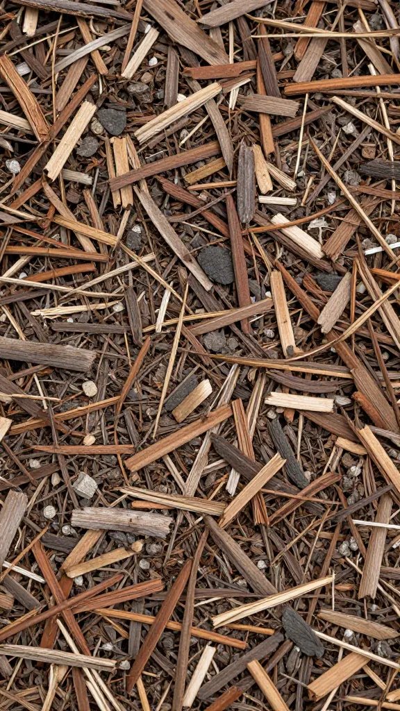 Mulched tomato pot with shredded bark, surface closeup