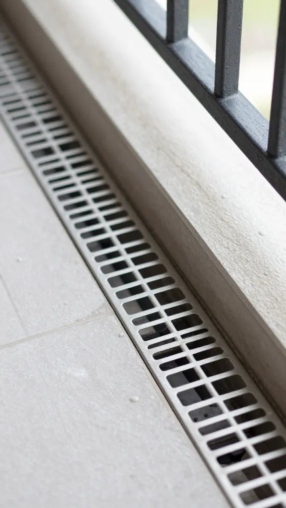 closeup of balcony drain scupper with stainless grate
