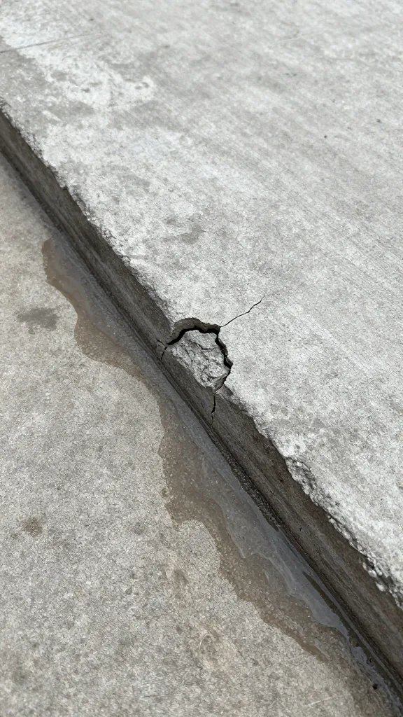 cracked concrete slab edge with damp patch detail
