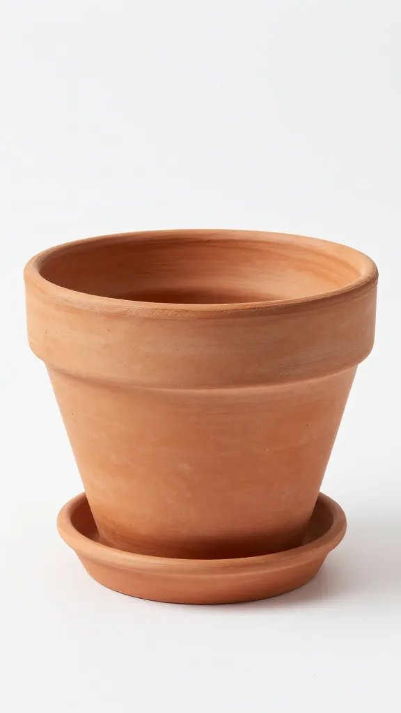 single terracotta pot with saucer, overflow hole visible