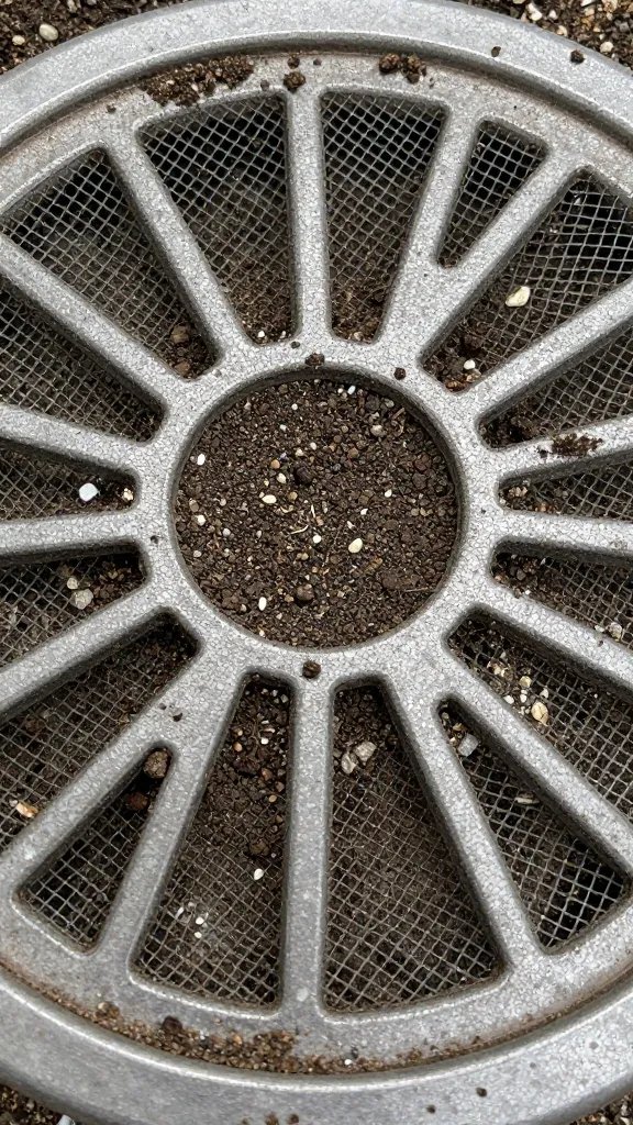 fine mesh drain cover catching soil grit, macro shot