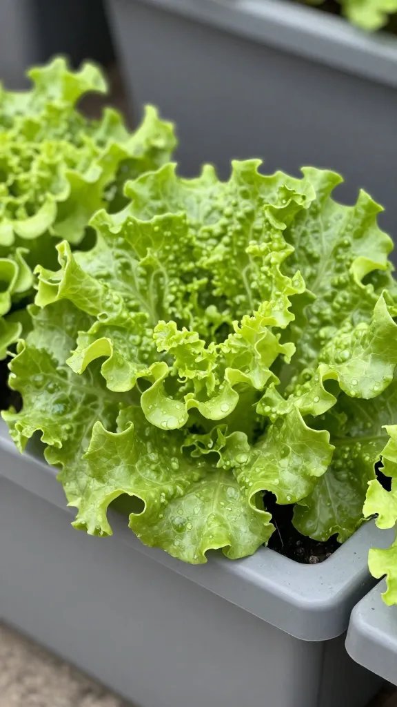 closeup of thriving lettuce in a gray balcony planter