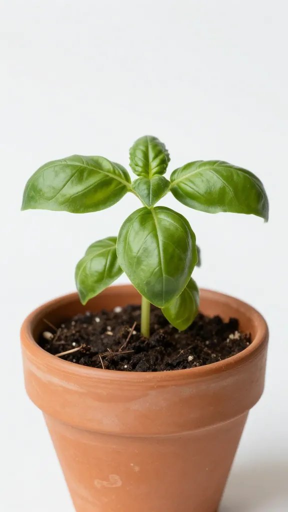 basil seedling with six leaves in terracotta pot
