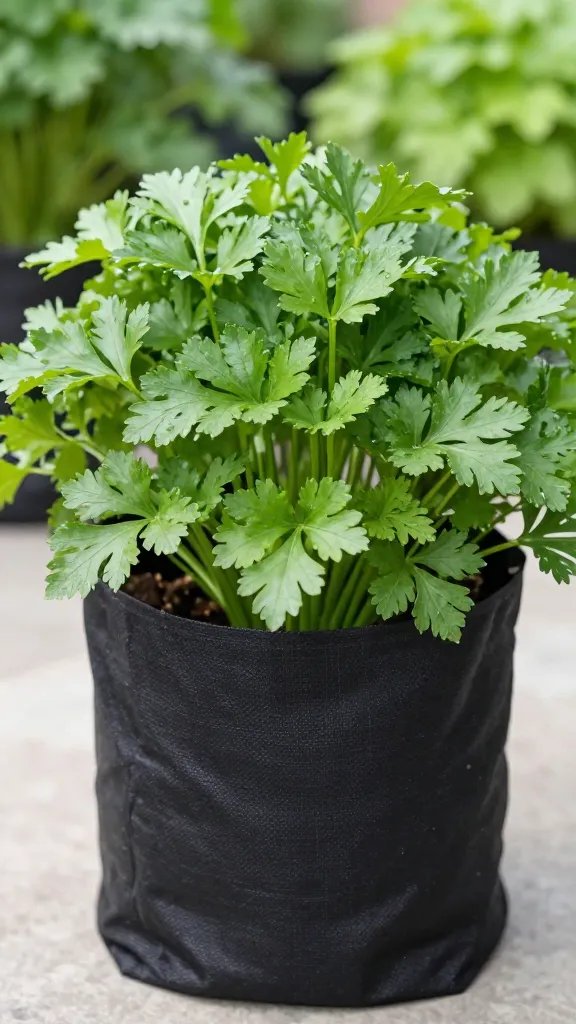 mature flat-leaf parsley in black fabric grow bag