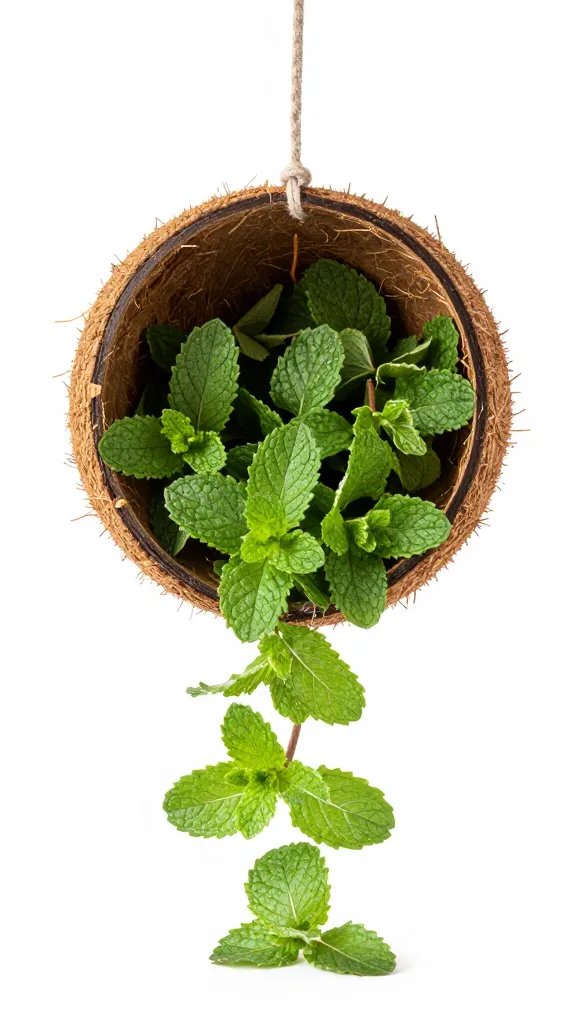 mint spilling from a single hanging coco basket