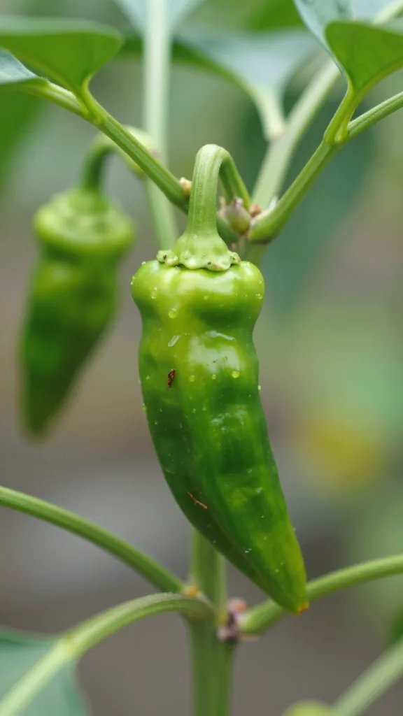 failed green chili plant with unripe fruit, closeup