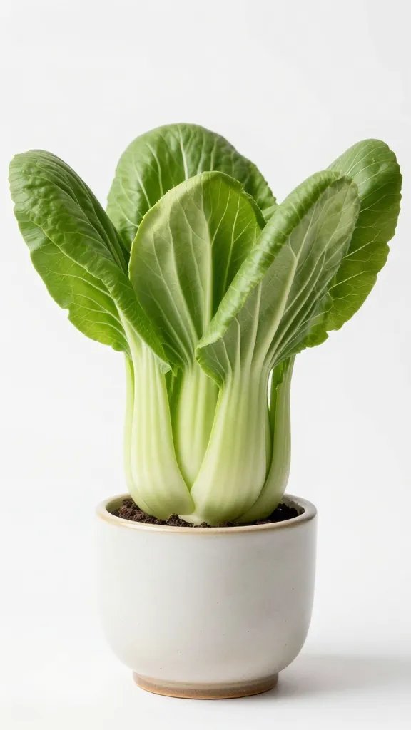 compact bok choy head in small ceramic planter
