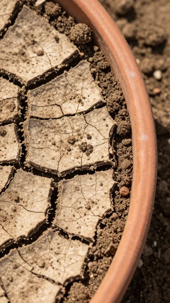 closeup of dry, cracked potting soil pulling from terracotta edge