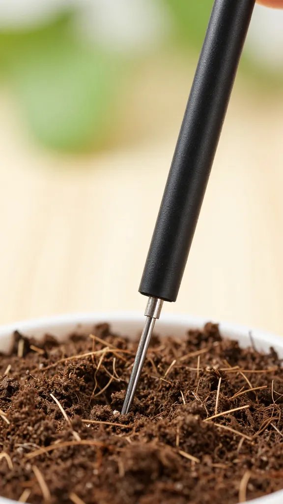 moisture meter probe in container soil, needle on dry