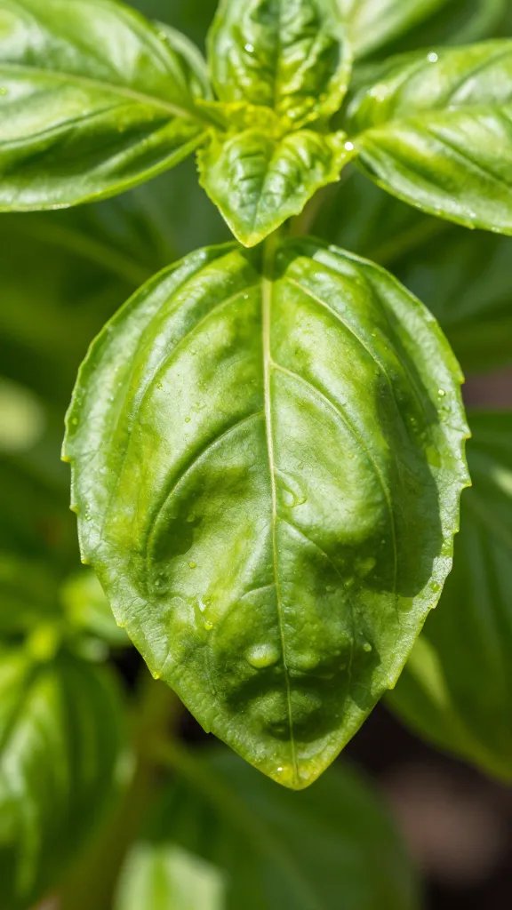 single wilted basil leaf drooping midday in harsh light
