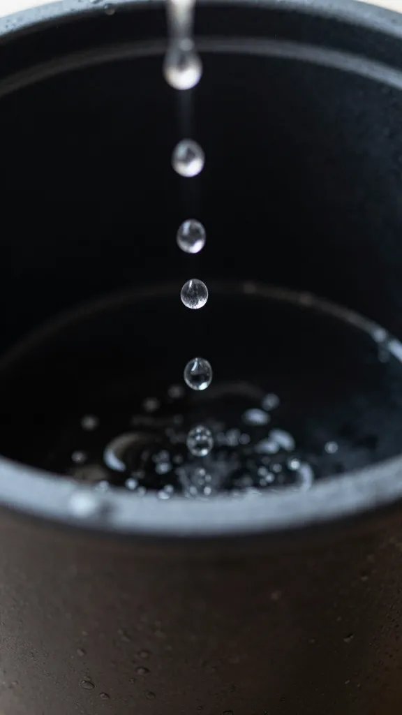 closeup of water droplets evaporating on black plastic pot