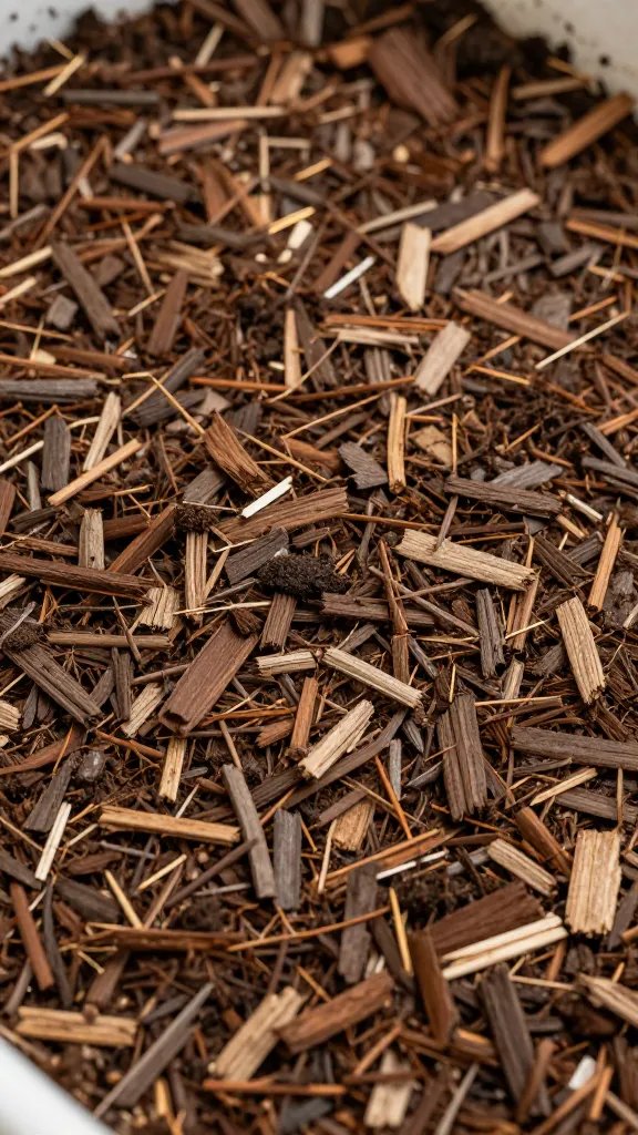 mulch layer closeup on potted soil, wood chips detail