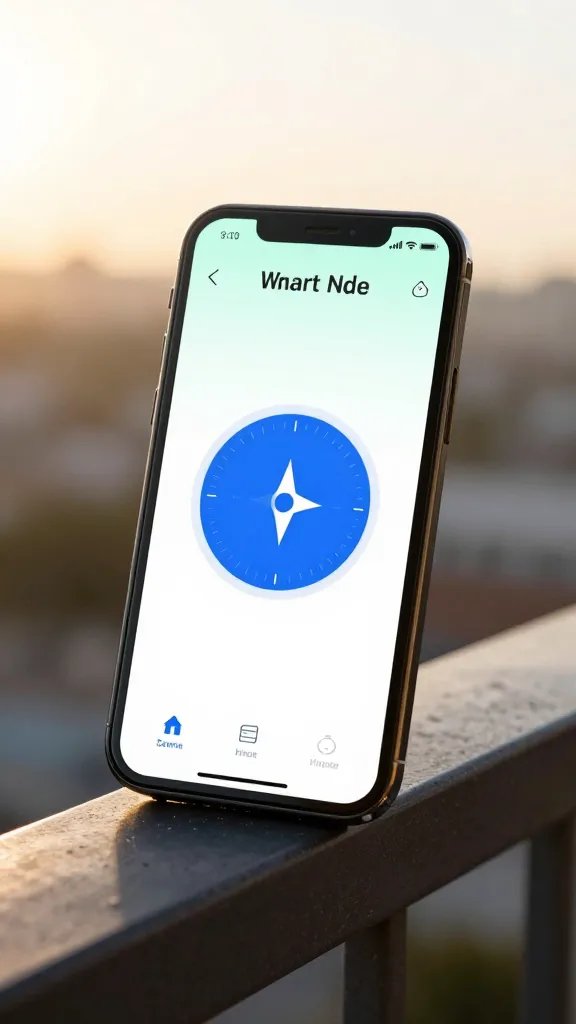 smartphone compass app at balcony railing, golden hour
