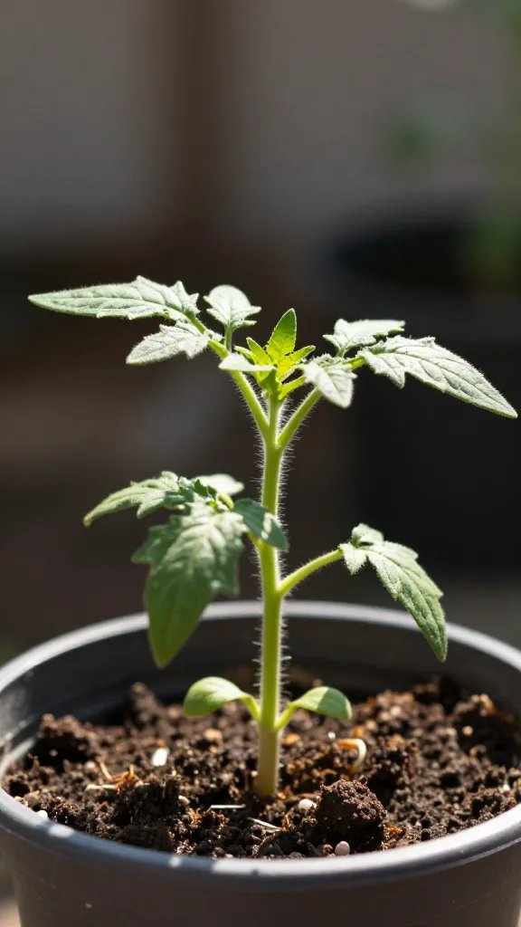 single tomato seedling in pot, harsh afternoon sun